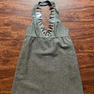 Slate gray Anna Sui tweed halter dress with silver sequin details on v-neck